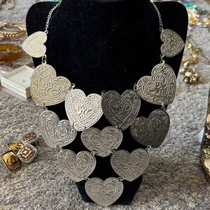 Silver Heart Pendant Statement Bib  Necklace